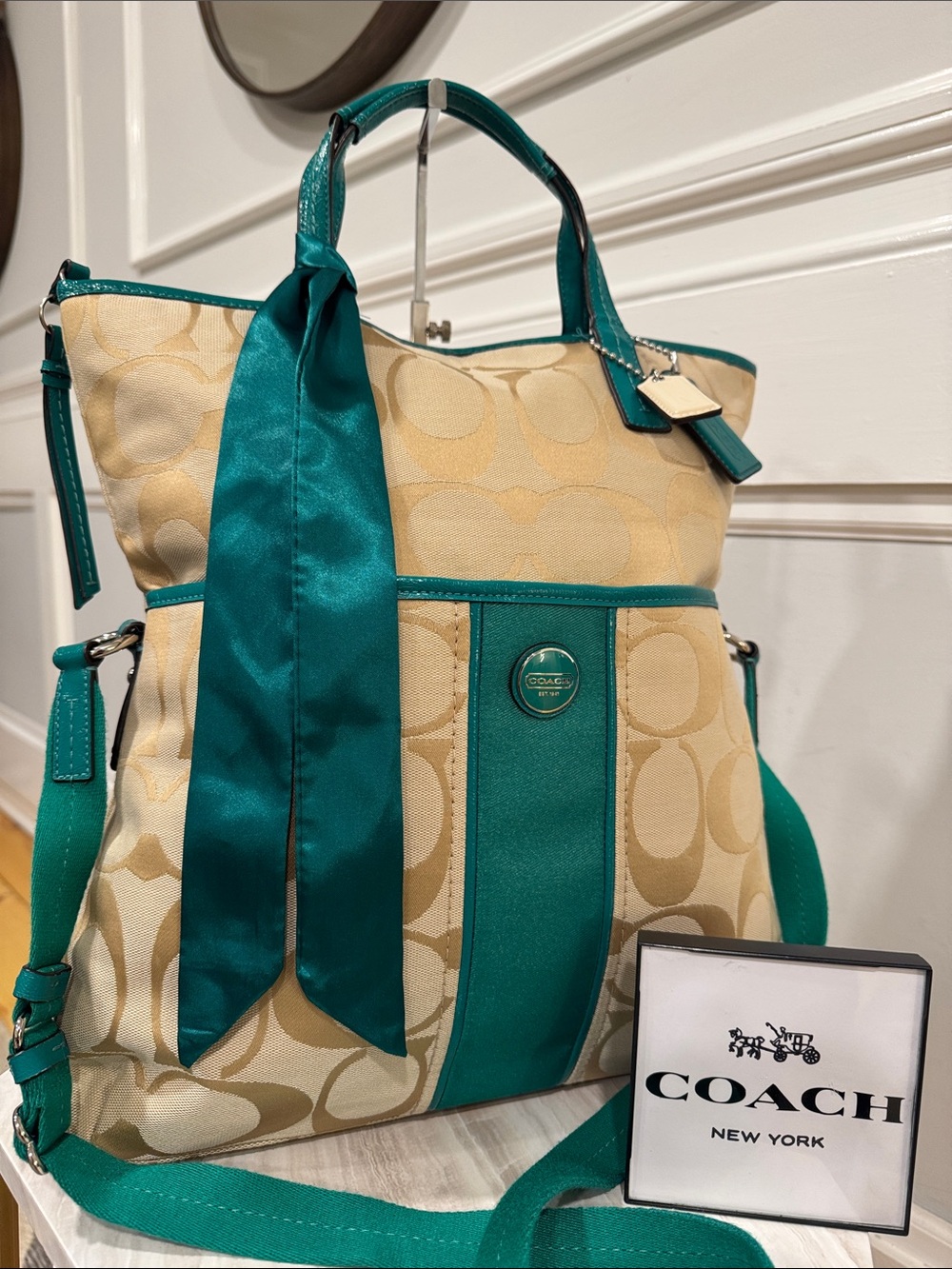 Coach Bag Oversized Signature Green Tan Stripe Foldover Tote EUC RARE